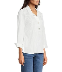 Ali Miles Woven Yarn-Dyed Stripe Wire Collar 3/4 Sleeve Button Front Placket Shirt