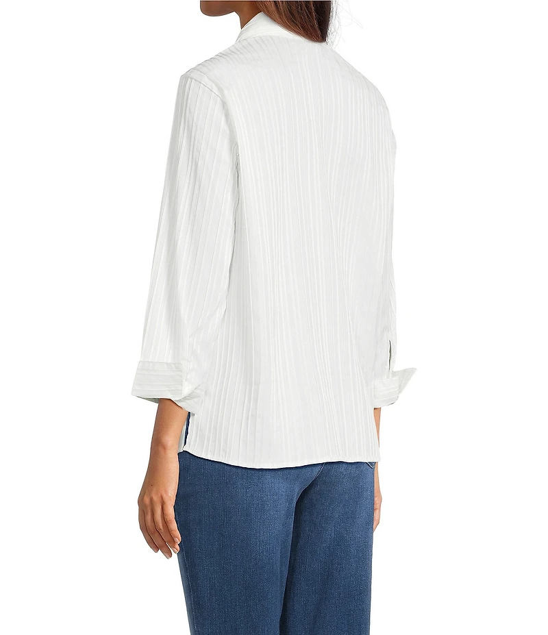 Ali Miles Woven Yarn-Dyed Stripe Wire Collar 3/4 Sleeve Button Front Placket Shirt