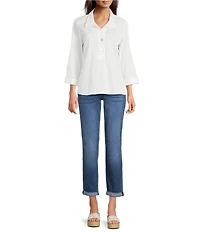 Ali Miles Woven Yarn-Dyed Stripe Wire Collar 3/4 Sleeve Button Front Placket Shirt