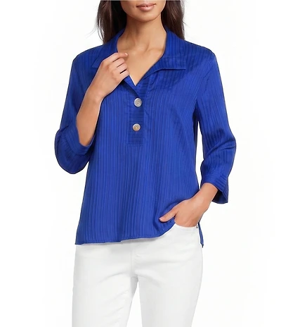 Ali Miles Woven Yarn-Dyed Stripe Wire Collar 3/4 Sleeve Button Front Placket Shirt