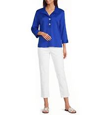 Ali Miles Woven Yarn-Dyed Stripe Wire Collar 3/4 Sleeve Button Front Placket Shirt
