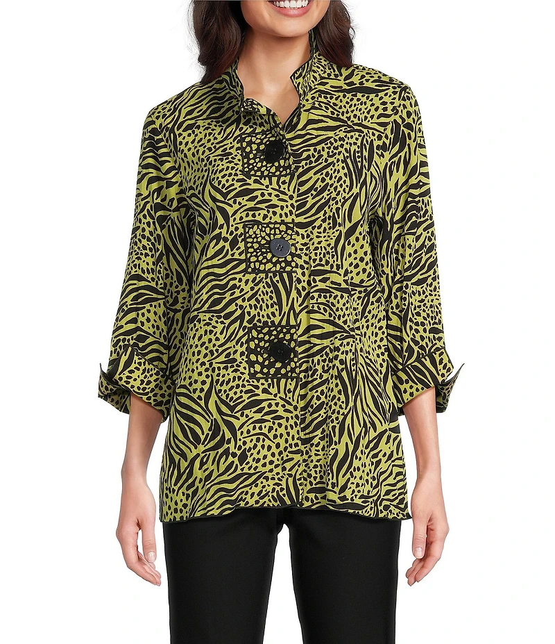 Ali Miles Woven Zebra Leopard Print Wire Collar 3/4 Sleeve Button Front Tunic