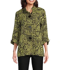 Ali Miles Woven Zebra Leopard Print Wire Collar 3/4 Sleeve Button Front Tunic