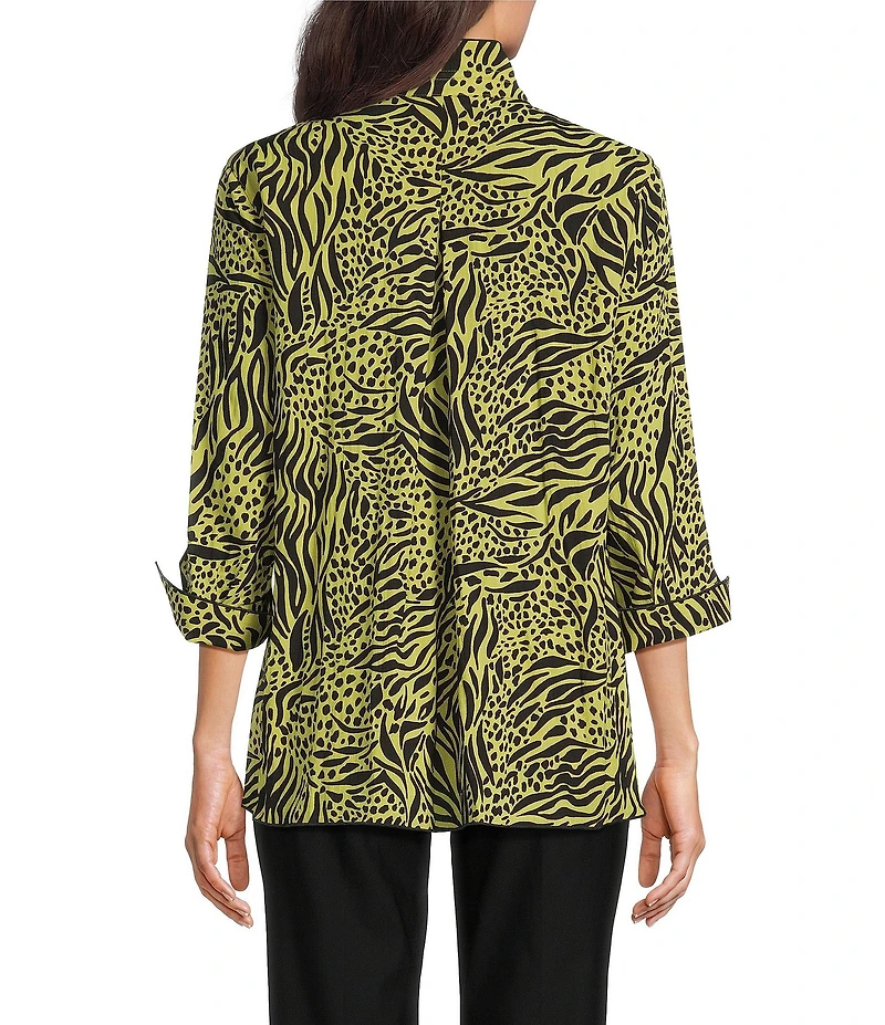 Ali Miles Woven Zebra Leopard Print Wire Collar 3/4 Sleeve Button Front Tunic