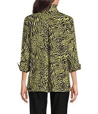 Ali Miles Woven Zebra Leopard Print Wire Collar 3/4 Sleeve Button Front Tunic