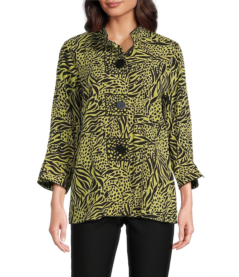 Ali Miles Woven Zebra Leopard Print Wire Collar 3/4 Sleeve Button Front Tunic