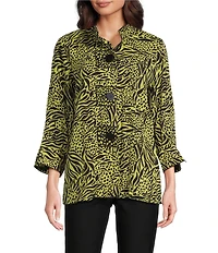 Ali Miles Woven Zebra Leopard Print Wire Collar 3/4 Sleeve Button Front Tunic