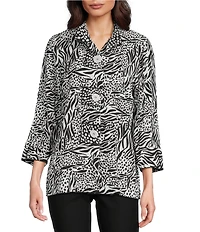 Ali Miles Woven Zebra Leopard Print Wire Collar 3/4 Sleeve Button Front Tunic