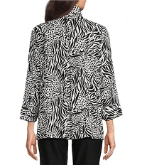 Ali Miles Woven Zebra Leopard Print Wire Collar 3/4 Sleeve Button Front Tunic
