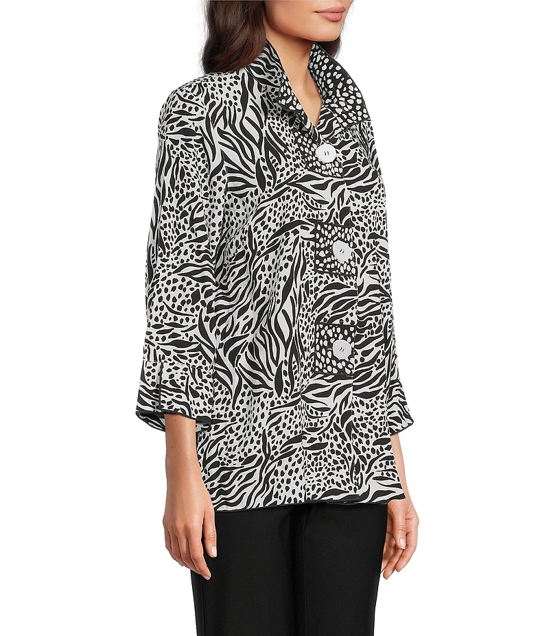 Ali Miles Woven Zebra Leopard Print Wire Collar 3/4 Sleeve Button Front Tunic