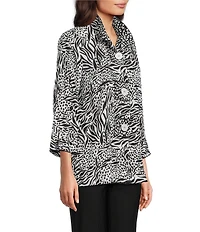 Ali Miles Woven Zebra Leopard Print Wire Collar 3/4 Sleeve Button Front Tunic