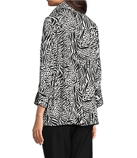 Ali Miles Woven Zebra Leopard Print Wire Collar 3/4 Sleeve Button Front Tunic