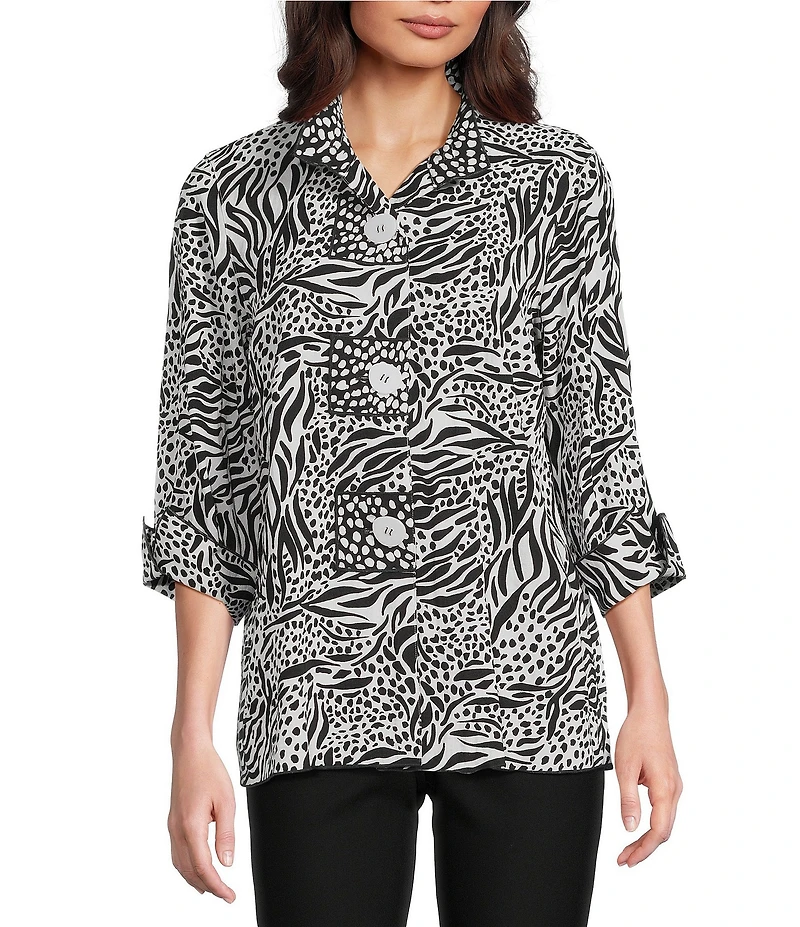 Ali Miles Woven Zebra Leopard Print Wire Collar 3/4 Sleeve Button Front Tunic