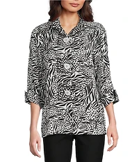 Ali Miles Woven Zebra Leopard Print Wire Collar 3/4 Sleeve Button Front Tunic