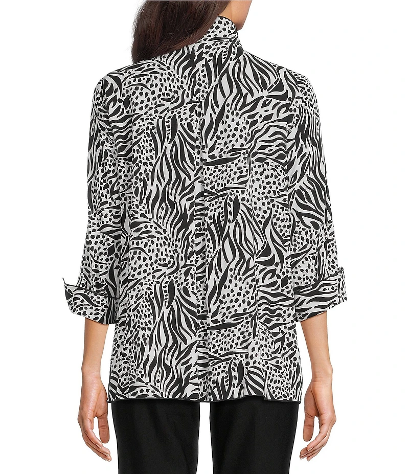 Ali Miles Woven Zebra Leopard Print Wire Collar 3/4 Sleeve Button Front Tunic