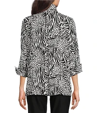 Ali Miles Woven Zebra Leopard Print Wire Collar 3/4 Sleeve Button Front Tunic