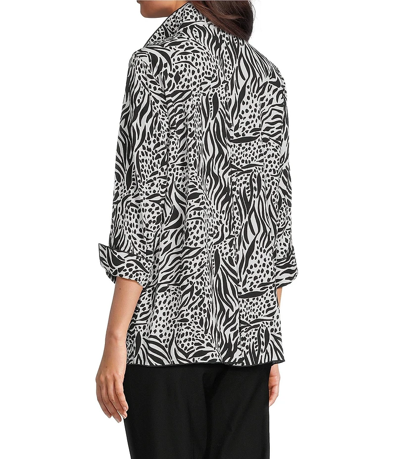 Ali Miles Woven Zebra Leopard Print Wire Collar 3/4 Sleeve Button Front Tunic