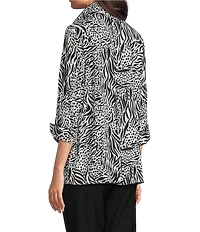 Ali Miles Woven Zebra Leopard Print Wire Collar 3/4 Sleeve Button Front Tunic