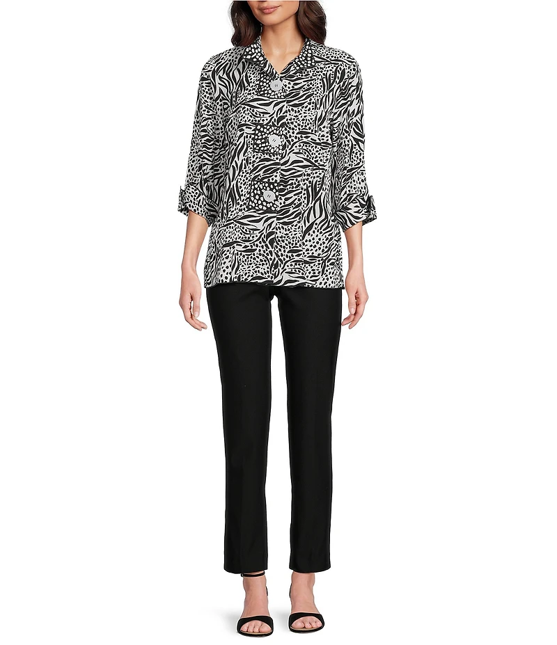 Ali Miles Woven Zebra Leopard Print Wire Collar 3/4 Sleeve Button Front Tunic