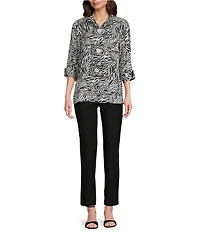 Ali Miles Woven Zebra Leopard Print Wire Collar 3/4 Sleeve Button Front Tunic