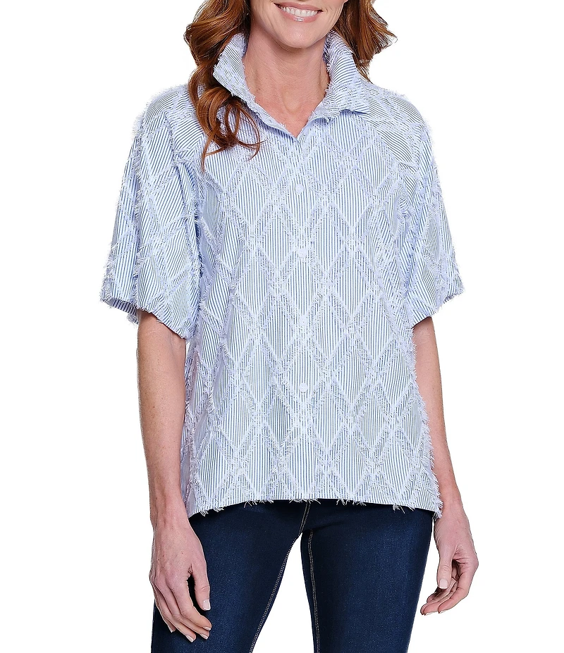 Ali Miles Yarn-Dye Clipped Jacquard Printed Point Collar Short Sleeve Button Front Shirt
