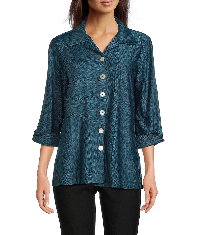 Ali Miles Yarn-Dye Knit Abstract Print Point Collar 3/4 Cuff Sleeve Button Front Tunic
