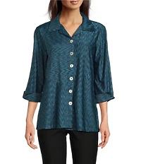 Ali Miles Yarn-Dye Knit Abstract Print Point Collar 3/4 Cuff Sleeve Button Front Tunic