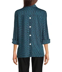 Ali Miles Yarn-Dye Knit Abstract Print Point Collar 3/4 Cuff Sleeve Button Front Tunic