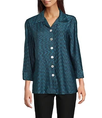 Ali Miles Yarn-Dye Knit Abstract Print Point Collar 3/4 Cuff Sleeve Button Front Tunic