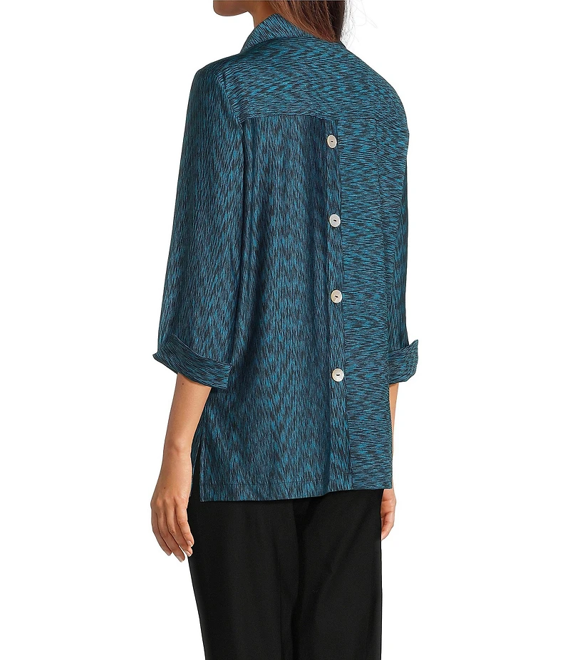 Ali Miles Yarn-Dye Knit Abstract Print Point Collar 3/4 Cuff Sleeve Button Front Tunic