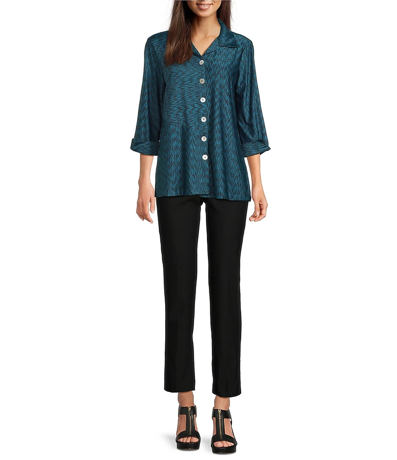 Ali Miles Yarn-Dye Knit Abstract Print Point Collar 3/4 Cuff Sleeve Button Front Tunic