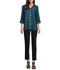 Ali Miles Yarn-Dye Knit Abstract Print Point Collar 3/4 Cuff Sleeve Button Front Tunic