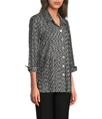 Ali Miles Yarn-Dye Knit Abstract Print Point Collar 3/4 Cuff Sleeve Button Front Tunic