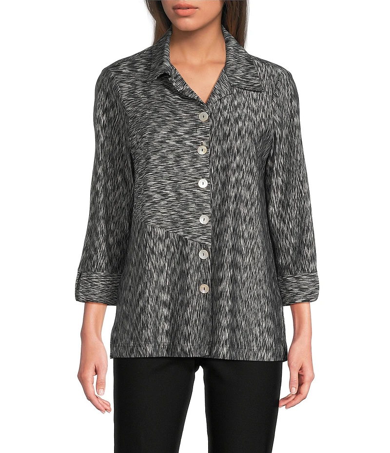 Ali Miles Yarn-Dye Knit Abstract Print Point Collar 3/4 Cuff Sleeve Button Front Tunic