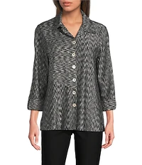 Ali Miles Yarn-Dye Knit Abstract Print Point Collar 3/4 Cuff Sleeve Button Front Tunic