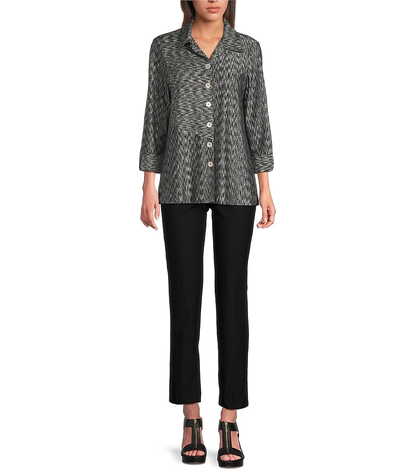Ali Miles Yarn-Dye Knit Abstract Print Point Collar 3/4 Cuff Sleeve Button Front Tunic