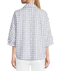 Ali Miles Yarn Dye Plaid Clipped Jacquard Point Collar Short Dolman Sleeve Button Front Shirt