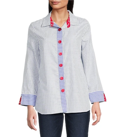 Ali Miles Yarn Dye Stripe Point Collar 3/4 Sleeves Hi-Low Hem Tunic