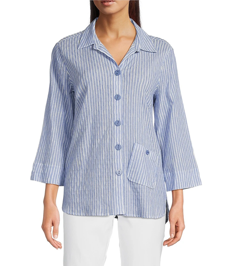 Ali Miles Yarn-Dye Striped Wire Neck 3/4 Sleeve Hi-Low Hem Button Front Tunic