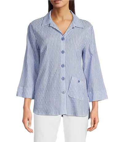 Ali Miles Yarn-Dye Striped Wire Neck 3/4 Sleeve Hi-Low Hem Button Front Tunic