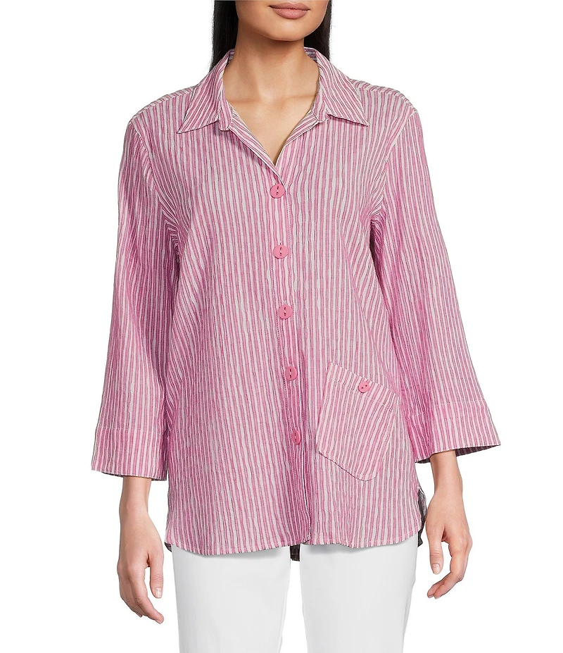 Ali Miles Yarn-Dye Striped Wire Neck 3/4 Sleeve Hi-Low Hem Button Front Tunic