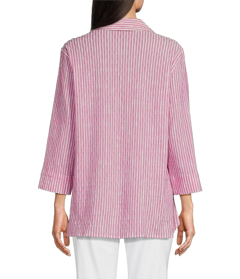 Ali Miles Yarn-Dye Striped Wire Neck 3/4 Sleeve Hi-Low Hem Button Front Tunic