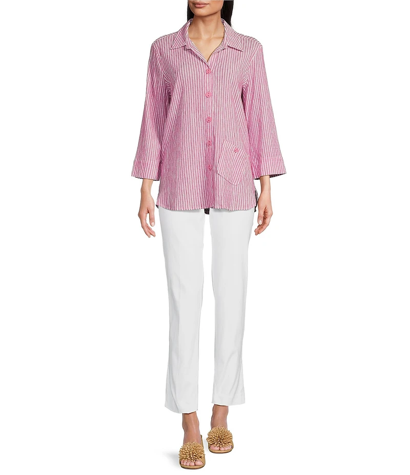 Ali Miles Yarn-Dye Striped Wire Neck 3/4 Sleeve Hi-Low Hem Button Front Tunic