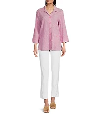 Ali Miles Yarn-Dye Striped Wire Neck 3/4 Sleeve Hi-Low Hem Button Front Tunic