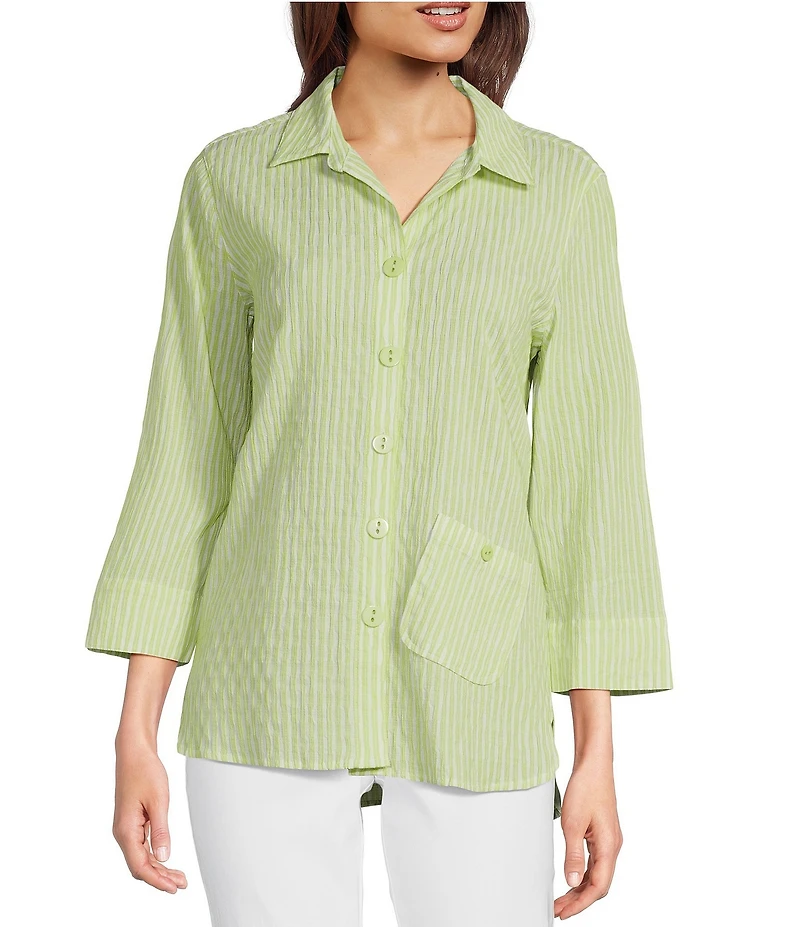 Ali Miles Yarn-Dye Striped Wire Neck 3/4 Sleeve Hi-Low Hem Button Front Tunic