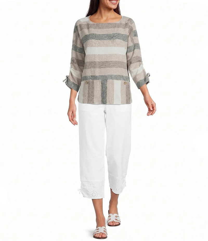 Ali Miles Yarn Dye Woven Stripe Round Neck 3/4 Sleeves Top
