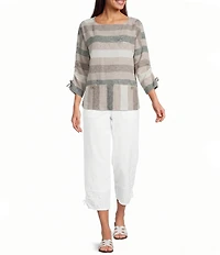 Ali Miles Yarn Dye Woven Stripe Round Neck 3/4 Sleeves Top