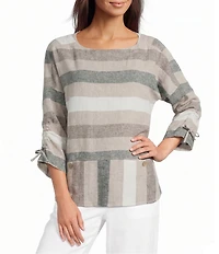 Ali Miles Yarn Dye Woven Stripe Round Neck 3/4 Sleeves Top