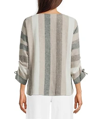 Ali Miles Yarn Dye Woven Stripe Round Neck 3/4 Sleeves Top
