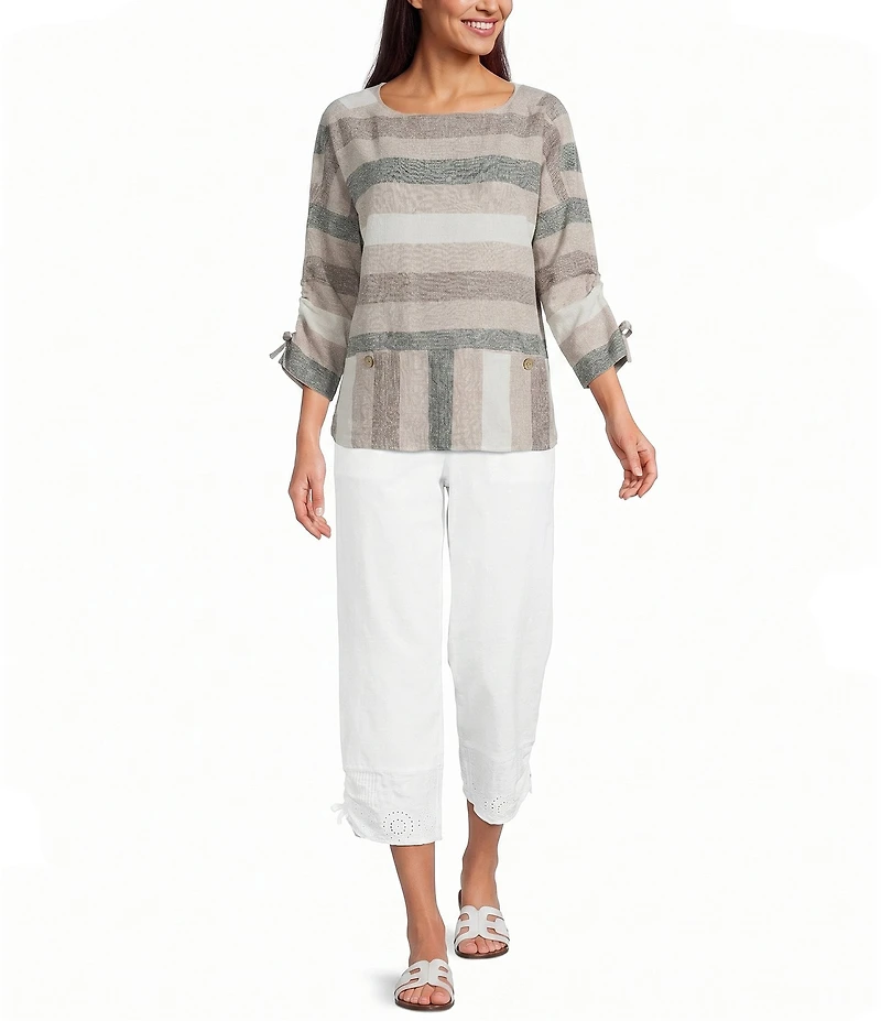 Ali Miles Yarn Dye Woven Stripe Round Neck 3/4 Sleeves Top